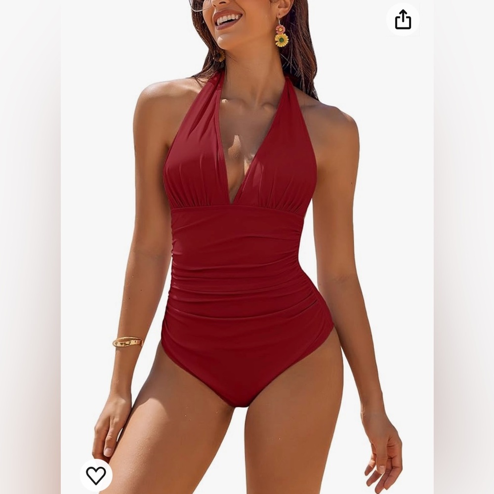 AI'MAGE Women's Halter One Piece Tummy Control Bathing Suits Ruched Deep V Neck